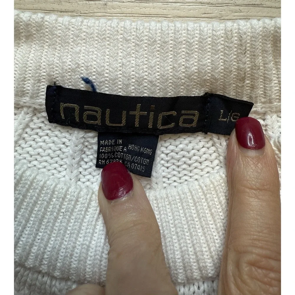 Nautica Mens White Ivory Tight-Knit Preppy Sweater Cable‎ Knit 100% Cotton Sz L